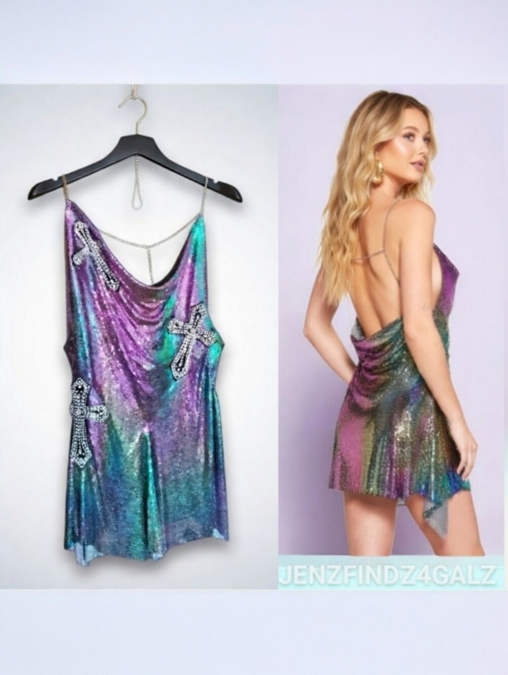 NWT Iridescent Sexy Y2K Style Asymetrical Metal Strappy Chain Mini Party Dress